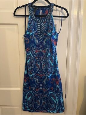 INC International Concepts Blue Paisley Embellished Keyhole Sheath Dress Small